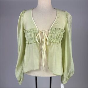 Missguided NWT Pale Lime Tie-Front Peasant Crop Top with Poet Sleeves Small